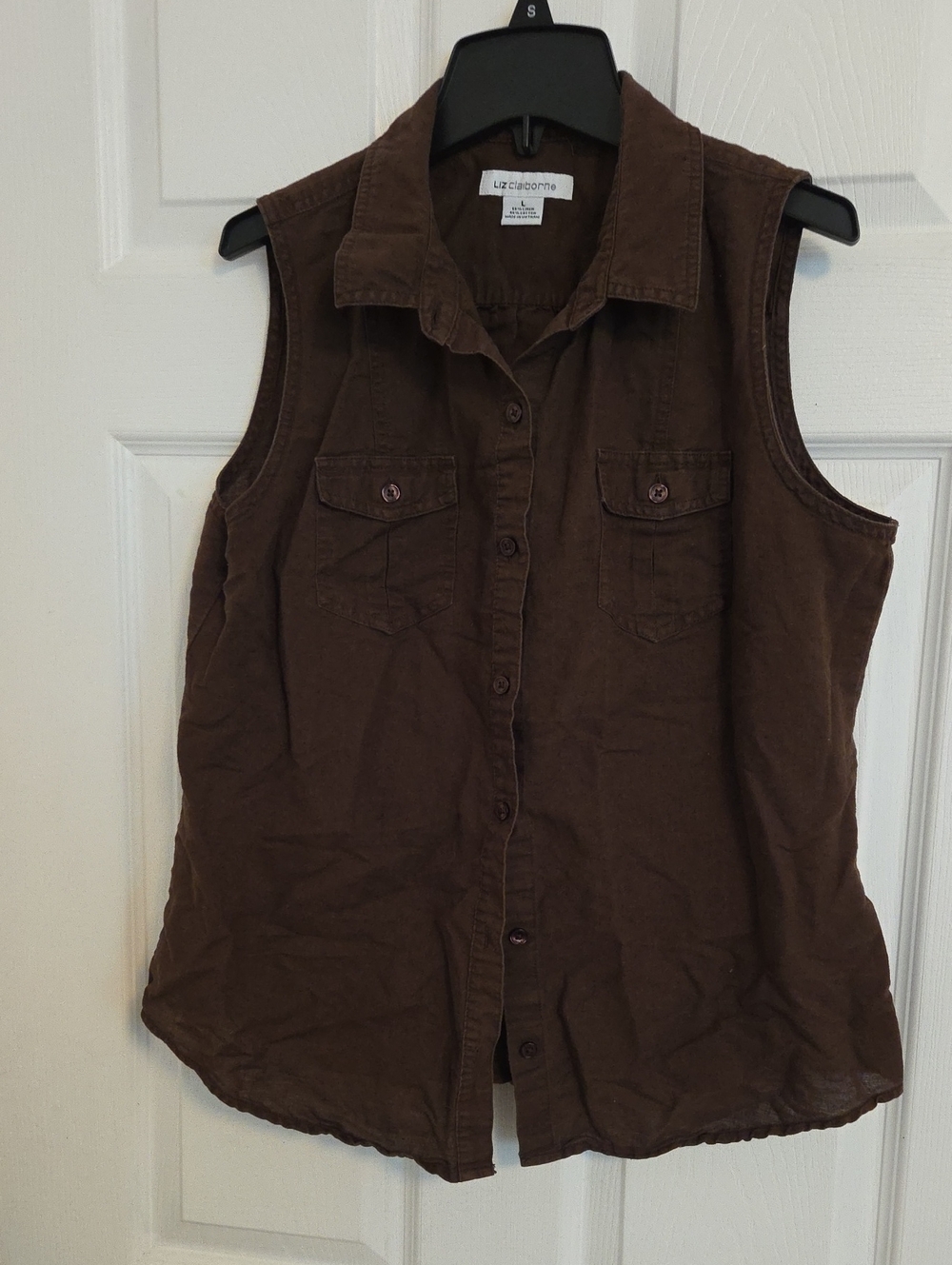 Liz Claiborne Brown Sleeveless Button-Down Utility Shirt